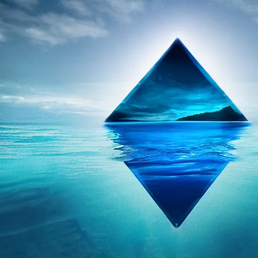 Prompt: water artwork manipulation inside the shape of a triangle on the ocean water, ray tracing, realistic water, focus, long shot, 8 k resolution, cinematic, water art photoshop