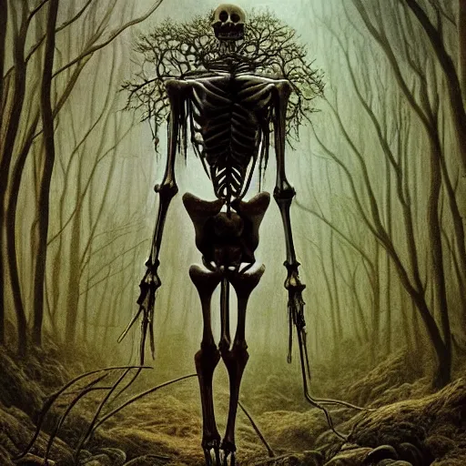 Prompt: a skeletal centaur in a magical forest, Zdzisław Beksiński style. Very detailed 8k