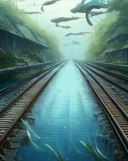 Prompt: train tracks stretching out toward the horzon that are slightly submerged under a wide pool of water, intricate, elegant, highly detailed, digital painting, artstation, concept art, smooth, sharp focus, illustration, art by artgerm and greg rutkowski and fra angelico