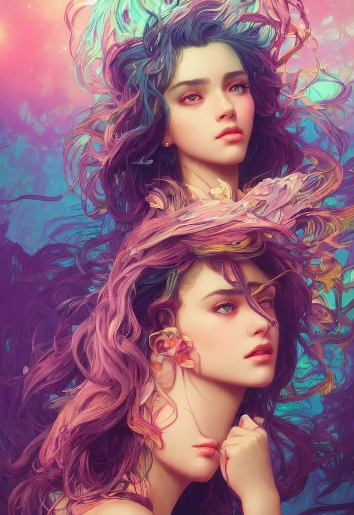 Image similar to beautiful, young woman, detailed gorgeous face, vaporwave aesthetic, synthwave, colorful, psychedelic, artstation, concept art, smooth, extremely sharp detail, finely tuned detail, ultra high definition, 8 k, unreal engine 5, ultra sharp focus, illustration, art by artgerm and greg rutkowski and alphonse mucha