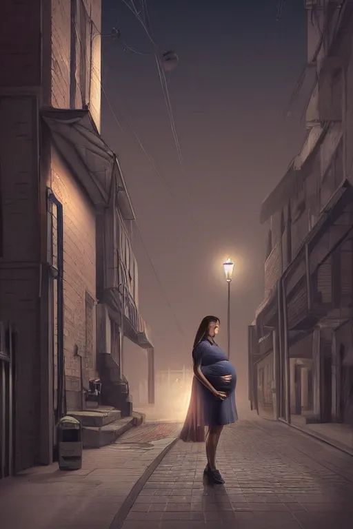 Image similar to pregnant woman under street light, highly detailed, sharp focused, ultra realistic digital concept art by Nil Tawata