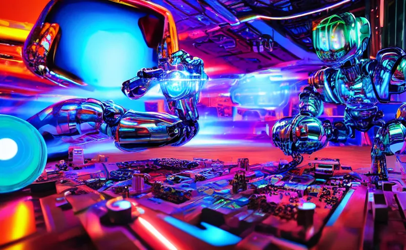 Image similar to robodads cybercore disco rave, highly detailed, extremely high quality, hd, 4 k, 8 k, professional photographer, 4 0 mp, lifelike, top - rated, award winning, cinematic, realistic, detailed lighting, detailed shadows, sharp, no blur, edited, corrected, trending