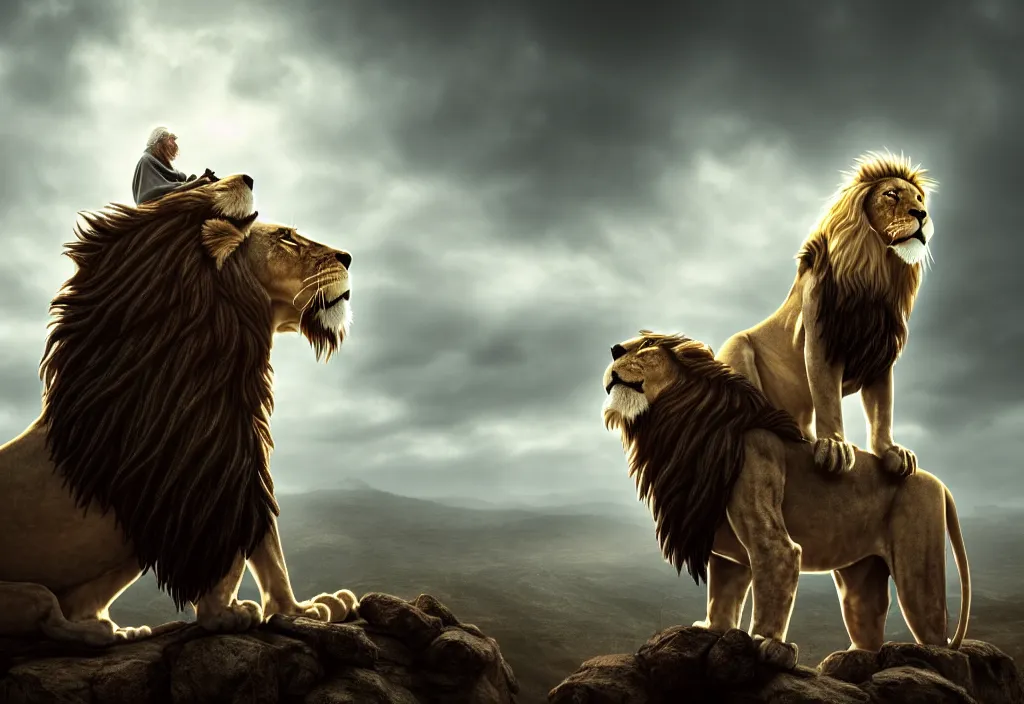 Prompt: a hooded wise lonely old man with a long white beard wearing a brown hooded tunic riding on top of a lion, the man riding is on the lion, the wise man is riding on top, he is all alone, majestic, epic digital art, cinematic, trending on artstation, superb detail 8 k, wide angle shot, masterpiece