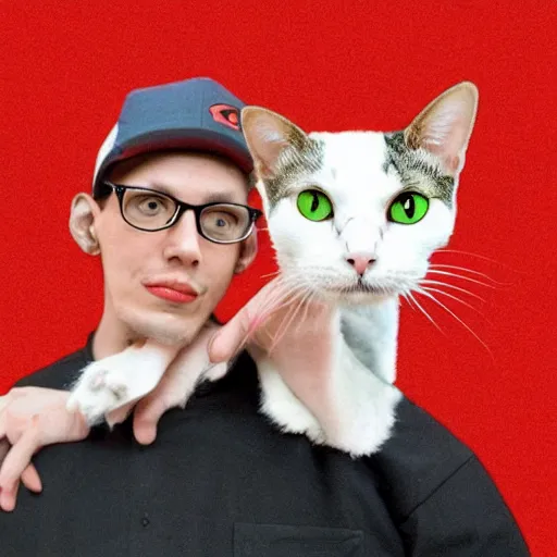 Prompt: an album of neil cicierega holding a cat, in a red color style, in a railroad background