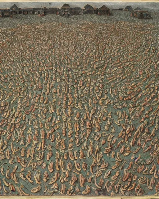 Image similar to drone photograph of the gigantic muscular body of gulliver, a young man from the early 1 7 th century, lies unconscious on a lilliputian beach, surrounded by thousands of tiny lilliputians wearing strange clothes. gulliver is dressed in early 1 7 th century male clothing designed in the style of sandy powell. hyperreal and cinematic, photorealistic, gulliver ’ s travels