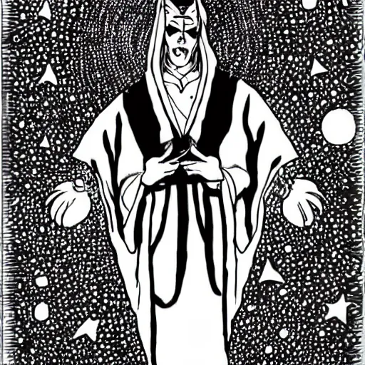 Image similar to black and white pen and ink!!!!!!! Suprani!!!!! wizard Silent Bob wearing High Cosmic print robes made of stars flaming!!!! final form flowing ritual royal!!! Vagabond!!!!!!!! floating magic swordsman!!!! glides dancing through a beautiful!!!!!!! Camellia!!!! Tsubaki!!! death-flower!!!! battlefield behind!!!! dramatic esoteric!!!!!! Long hair flowing dancing illustrated in high detail!!!!!!!! by Hiroya Oku!!!!!!!!! graphic novel published on 2049 award winning!!!! full body portrait!!!!! action exposition manga panel black and white Shonen Jump issue by David Lynch eraserhead and beautiful line art Hirohiko Araki!! Frank Miller, Kentaro Miura!, Jojo's Bizzare Adventure!!!! 3 sequential art golden ratio technical perspective panels horizontal per page