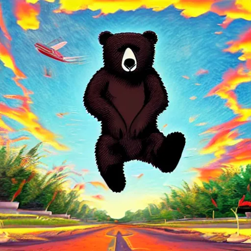 Prompt: a cartoon bear flying through the air, an album cover by Xi Gang, cg society, futuristic, groovy, masterpiece, wavy