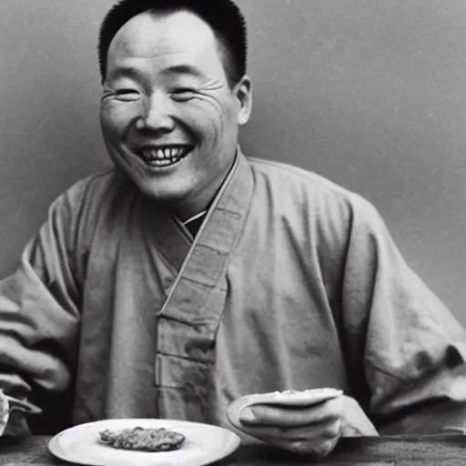 Prompt: a photo of a happy man from qing empire eating a hamburger, award winning photo, high quality