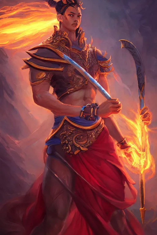 Image similar to a masterpiece portrait of nezha, legendary god holding spear, boy, flame everywhere, epic pose, fantasy character portrait, closeup shot, hyper detailed, digital painting, 8 k realistic, trending on artstation, sharp focus, dof, by fenghua zhong, artgerm, ne zha from smite, jeff easley, raymond swanland