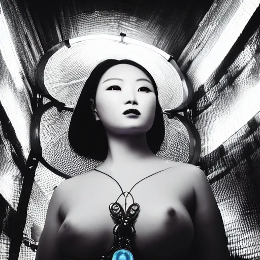 Prompt: closeup photo of beautiful sexy Chinese ancient princess standing in the tunel in the space ship segment,attractive symmetrical face, big eyes and lips, Erotic face expression, ornamental jewelry and ancient translucent sexy clothes, futuristic space ship interrior, wires with lights,depth of field, lens flare, moody lighting, moody photography, vintage old photo, black and white, sepia, cinematic lighting, cinematic angle, editorial photography