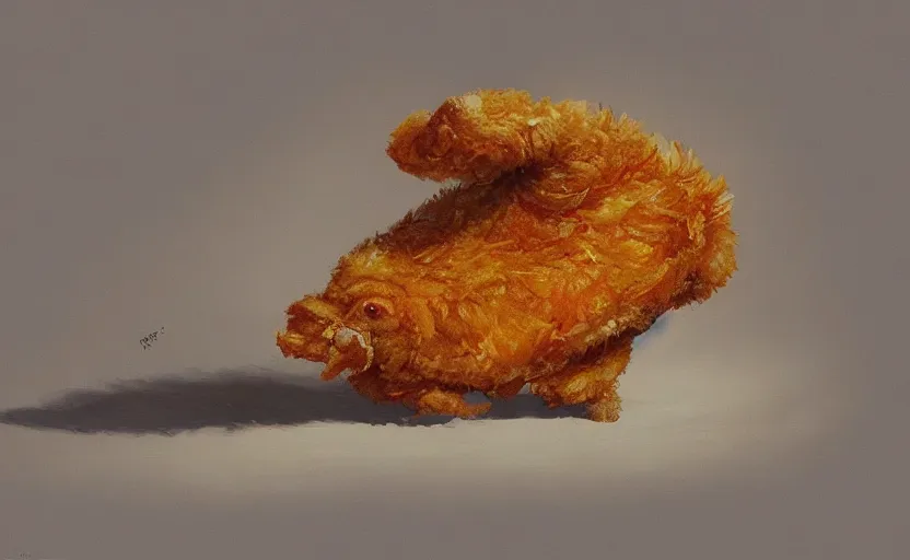 Image similar to a painting of forbidden fried chicken trending on artstation in the style of greg rutkowski, fried, chicken, kfc, puppies, dog, golden doodle