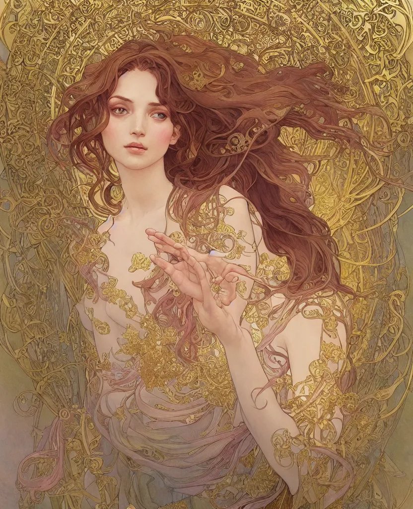 Image similar to an angel, highly detailed, very intricate, art nouveau, gold filigree, romantic storybook fantasy, soft cinematic lighting, award - winning, disney concept art watercolor illustration by mandy jurgens and alphonse mucha and alena aenami, pastel color palette, featured on artstation