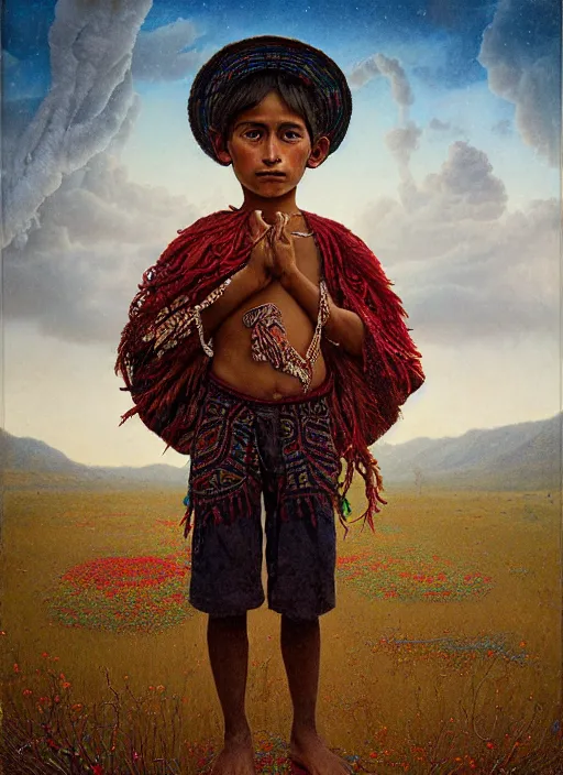 Image similar to portrait of a magical huichol boy in oaxaca mexico, by agostino arrivabene and tom bagshaw and manuel sanjulian