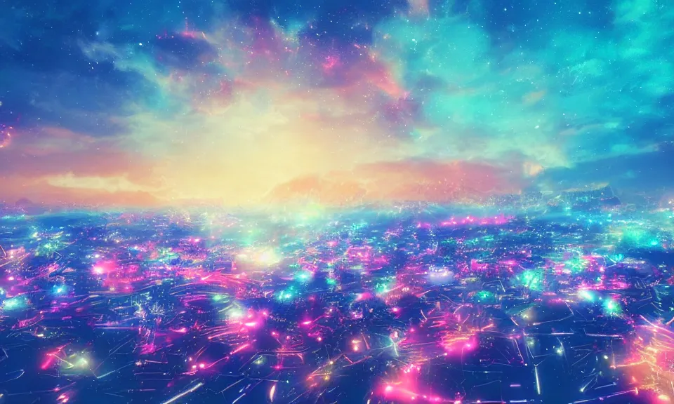 Image similar to a colorful glowing heavenly japanese city, sunset, stars, particles, pastel, artstation, digital art.