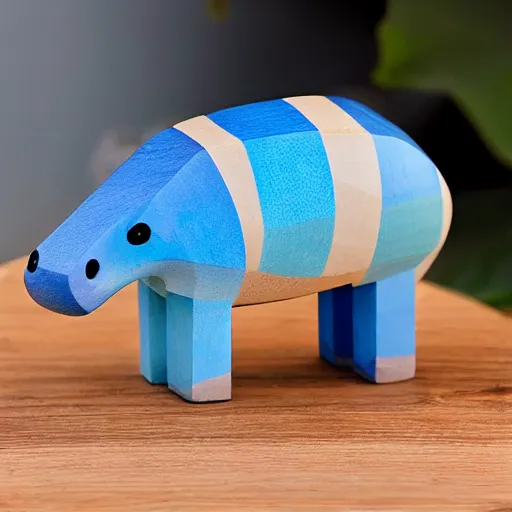 Image similar to a beautiful minimalist curvy shaped small sculpture of hippopotamus hippo baby, wood and blue epoxy, cubic blocks mix stripes cuts, detailed, fine, gorgeous