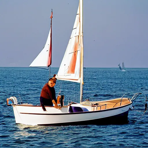 Prompt: a short fat bearded boy on a sailboat, national geographic magazine photo - n 9