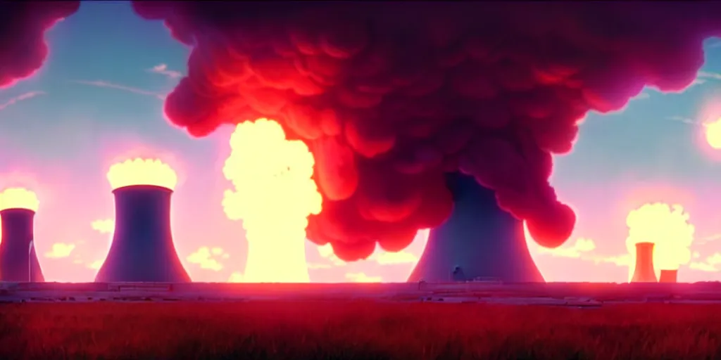 Prompt: a wholesome animation key shot of a post apocalyptic 8 0's explosion of a nuclear plant by studio ghibli, animation, sharp, rendered in unreal engine 5, focused, anime key art by greg rutkowski, bloom, dramatic lighting