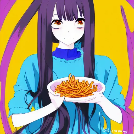 Image similar to a beautiful anime woman eating a bowl of worms, digital art, ghibli, night