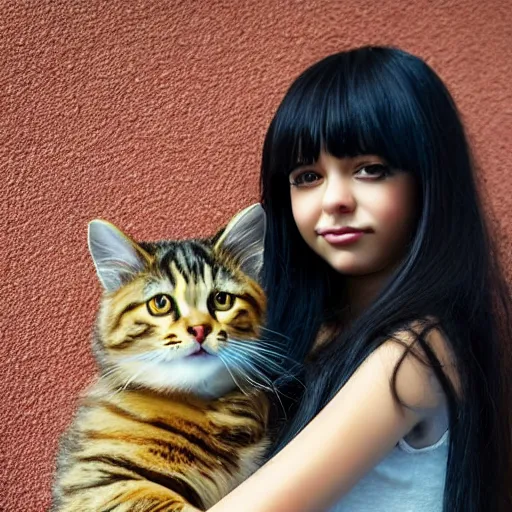 Image similar to a girl with long dark hair, big and shiny black eyes and her tabby cat, a stock photo by juan villafuerte and minerva j. chapman, pexels contest winner, high quality photo, rtx, hd, tumblr contest winner, anime, pretty, sensual