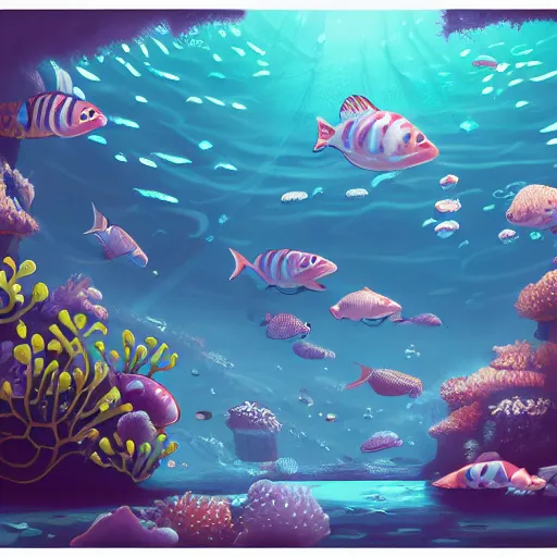 Image similar to a detailed illustration a idyllic underwater ocean scene by Alex Hirsch, trending on artstation, cgsociety, deviantart