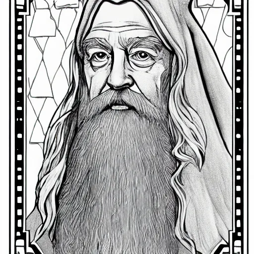 Image similar to Dumbledore coloring book page, black and white