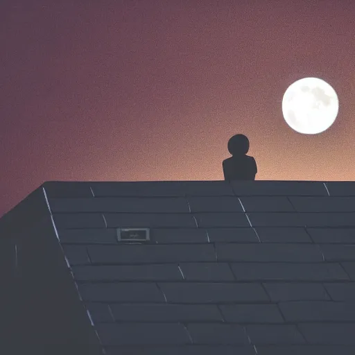 Prompt: hunched creature crouching on a rooftop at night silhoutted by the bright moon behind it