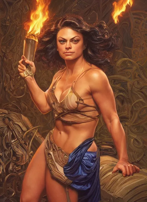 Image similar to portrait of a very muscled Mila Kunis as a heroine staring into the camera, torches and fireflies, artstation, intricate, elegant, highly detailed, art by Donato Giancola, Joseph Christian Leyendecker, WLOP, Boris Vallejo, Artgerm