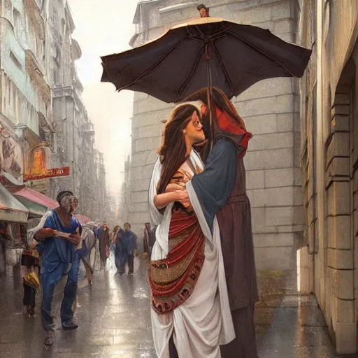 Image similar to jesus kissing a woman in a street, elegant, highly detailed, digital painting, artstation, concept art, matte, sharp focus, highly detailed, 4 k, hdr, smooth, sharp focus, high resolution, award - winning photo, photorealistic, art by artgerm and greg rutkowski and alphonse mucha, large shot