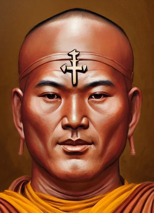 Image similar to smart tai buddhist monk, closeup portrait, without beard and mustache, historical hero, ethnic group, tai costume, tai traditional bronze headdress, intricate, with leather armor cross on bare chest, elegant, loin cloth, highly detailed, oil painting, artstation, concept art, matte, sharp focus, illustration, hearthstone, art by earl norem