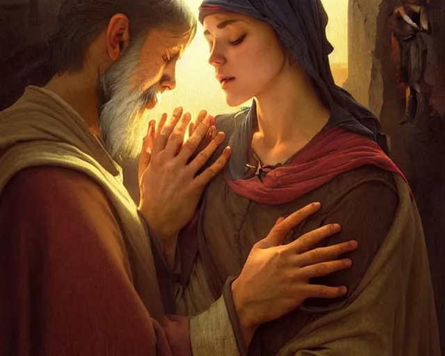 Image similar to poor hungry couple praying to a cross and crying, emotional sad painting, very poor, hungry, love eachother, medieval peasants, fantasy, cruel, dramatic lighting, intricate, wild, highly detailed, digital painting, artstation, concept art, smooth, sharp focus, illustration, art by artgerm and greg rutkowski and alphonse mucha