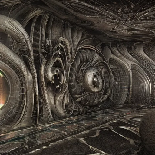 Image similar to HYPER REALISTIC VFX SIMULATION of one of H.R GIGER'S works, INTRICATELY DETAILED 3D OCTANE RENDER