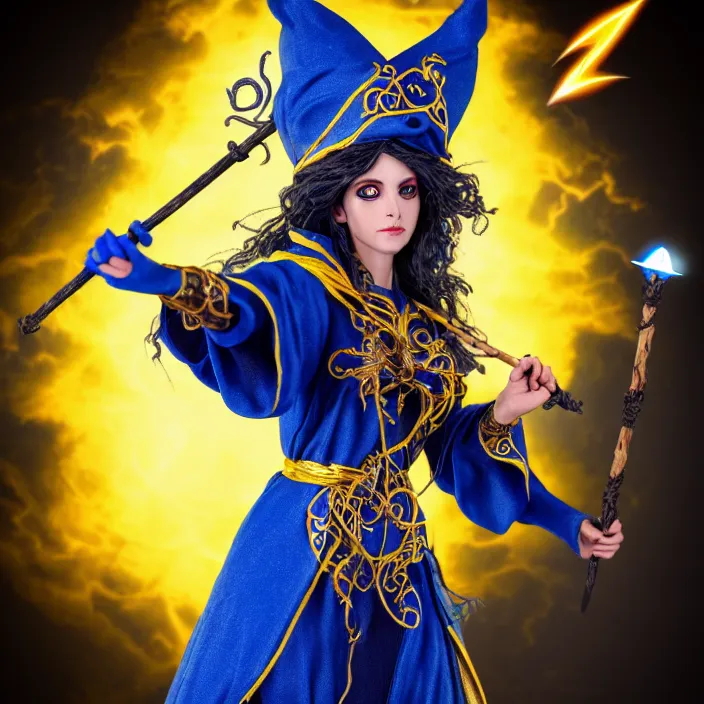 Prompt: photograph of a real - life beautiful!! elemental lightning witch with ornate yellow and blue robes and staff. extremely detailed. 8 k