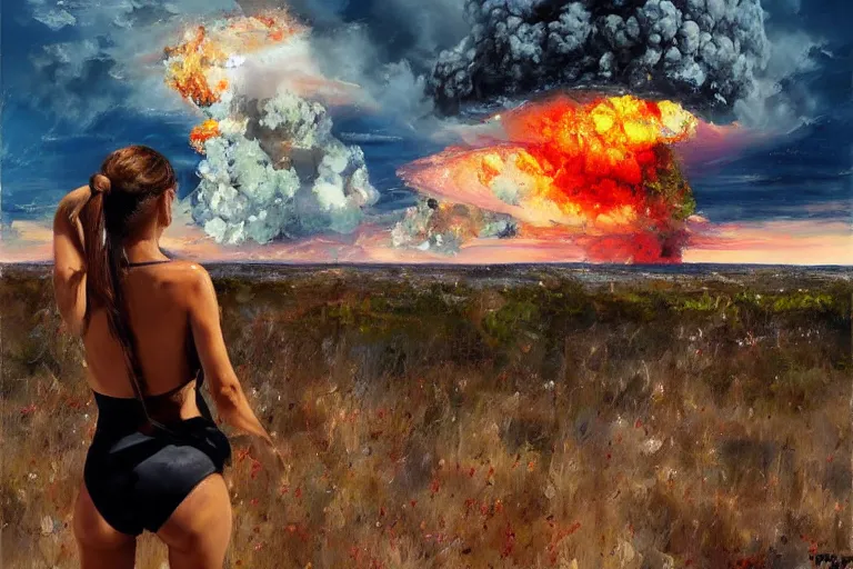 Prompt: girl with a ponytail wearing bikini looking at a nuclear bomb test, expressive oil painting, digital art, high quality, by michael garmash, by rob rey, by conrad roset, beautiful girl, apocalyptic, nuclear mushroom cloud