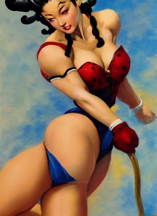 Image similar to oil painting of Chun Li by frank frazetta alluring pin up deviant art