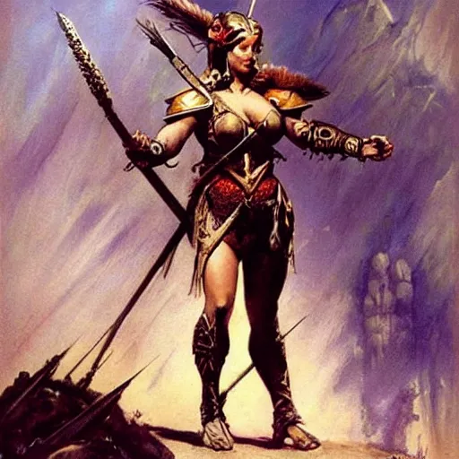 Image similar to fantasy painting by Frank Frazetta portraying a female warrior in armor,wielding a spear,high quality,beautiful,detailed