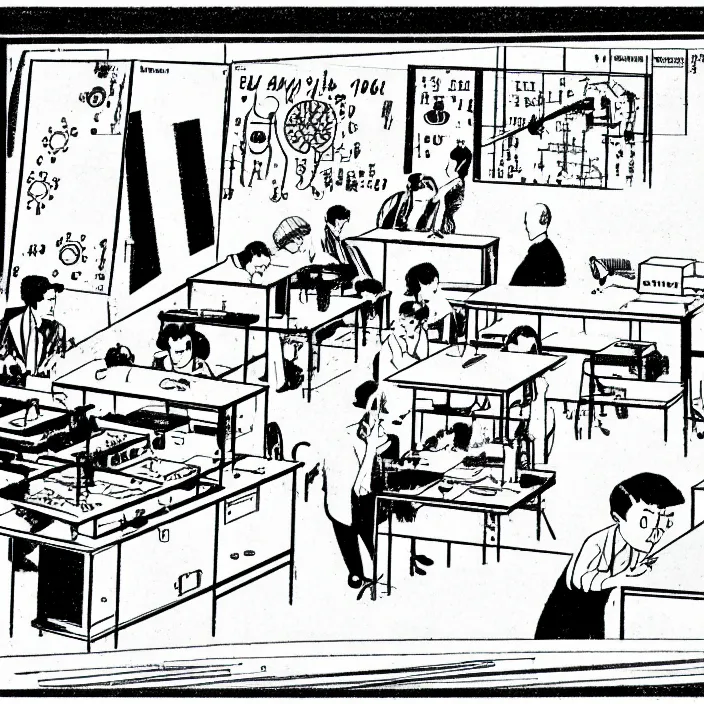 Image similar to a still frame from comic strip, scientific scheme of physics 1 9 5 0, herluf bidstrup, new yorker illustration, monochrome contrast bw, lineart, manga, tadanori yokoo, simplified,