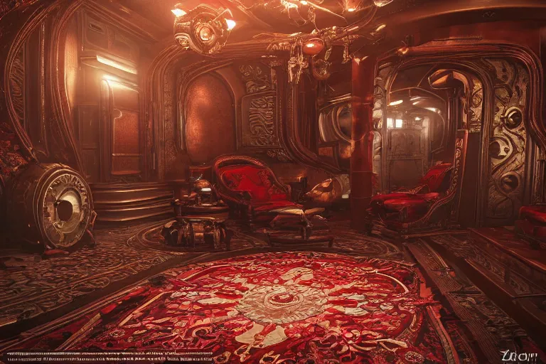 Image similar to red baroque steampunk spaceship interior, viewport, commander's deck made of bone, rendered in unreal engine 5, cryengine, arnold and zbrush, epic lighting. persian rug, pipes, luxury furniture