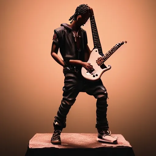 Prompt: Travis Scott playing guitar, as a figurine, studio, light, trending on artstation, 8K,