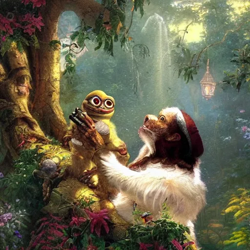 Image similar to pepe learning from apes, thomas kindkade, fantasy, intricate