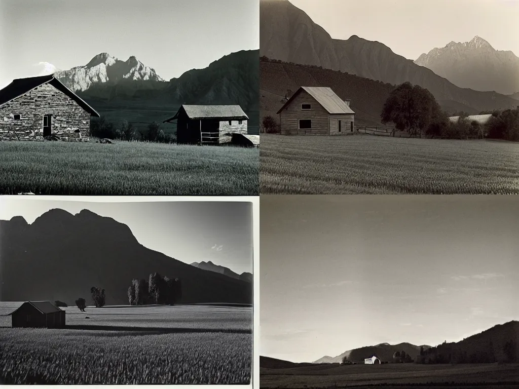 Prompt: photo of a small farm house in a valley with meadows and mountains in the background, photograph by Ansel Adams, at dusk