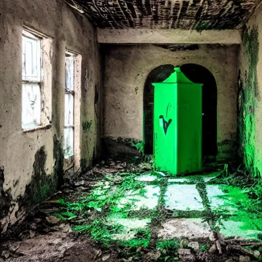 Image similar to a glowing green coffin inside a dilapidated hallway