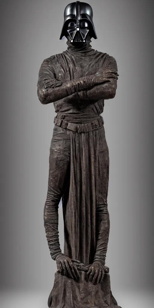 Image similar to detailed photo of an old bronze patina statue of dark vador, full body portrait, various pose, photorealism, intricate detail, museum diffuse lighting