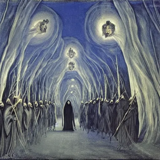 Prompt: A Holy Week procession of grim reapers in a lush Spanish landscape at night. A hooded figure at the front holds a cross. El Greco, Remedios Varo, Salvador Dali, Carl Gustav Carus, John Atkinson Grimshaw. Blue tint.