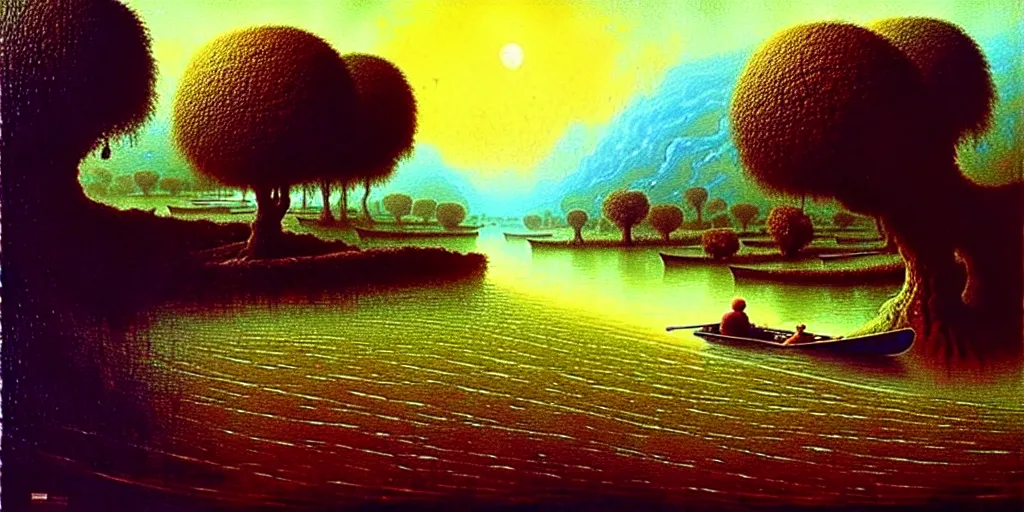 Image similar to A very detailed painting in the style of Beksinski featuring a river in Europe surrounded by trees and fields. A rubber dinghy is slowly moving through the water. Sun is shining