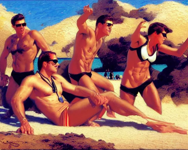 Prompt: top gun beach volleyball scene, cool colors, painting by gaston bussiere, craig mullins, j. c. leyendecker, tom of finland