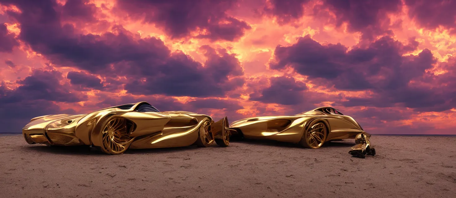 Prompt: futuristic golden luxury car from the year 2052, white tires with intricate rims, professional studio photography, dramatic lighting, clouds, colorful red sunset, on the beach, blue water