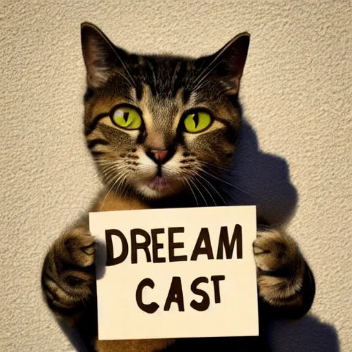 Prompt: realistic high quality photo of a cute cat holding a sign with text that reads : dream, caaats, cats, cas