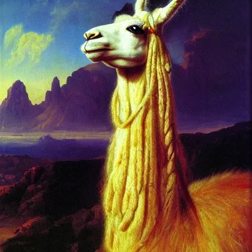 Prompt: detailed baroque portrait of a llama with dreadlocks, realistic creature concept, heroic pose, desert mountain in background, Ilya Repin oil painting, style of Brian Jacques