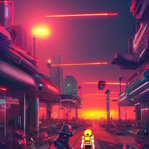 Image similar to beautiful 3 d illustration about a futuristic, dystopian street with droids and robots at sunset. lot of neons. trending on artstation