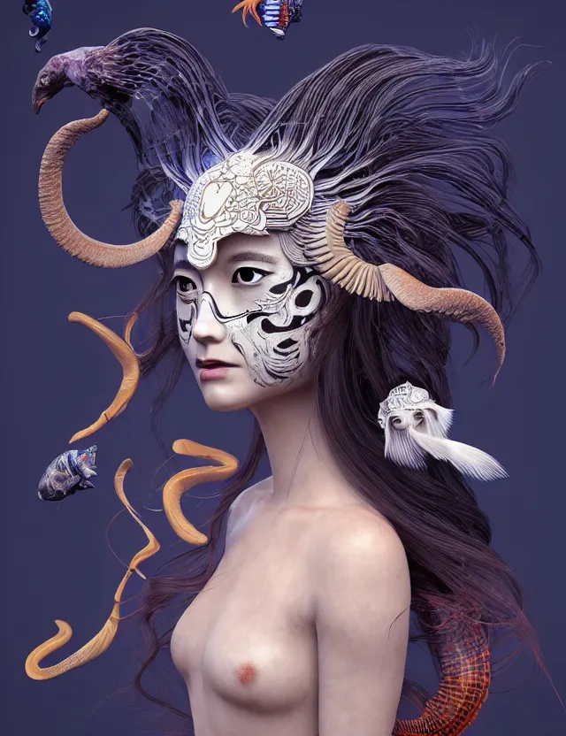 Image similar to 3 d goddess half - turn portrait with long hair with ram skull. beautiful intricately detailed japanese crow kitsune mask and clasical japanese kimono. betta fish, jellyfish phoenix, bio luminescent, plasma, ice, water, wind, creature, artwork by tooth wu and wlop and beeple and greg rutkowski